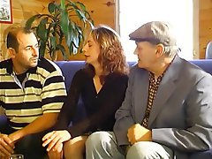 flirty woman sucks two mature cocks in threesome fun anal brunette hairy group sex